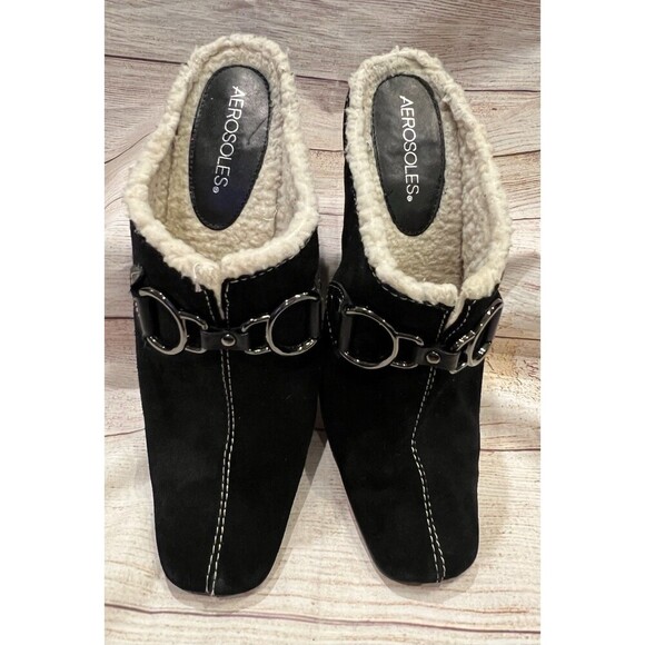 Aerosoles Cinch Shearly US 8.5 Black Suede Slide Slip On Heel Mule Clog - Picture 1 of 9